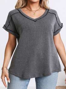 Plus Size Women's Summer Tops V Neck T-Shirt Ribbed Cap Short Sleeve Casual Blouse
