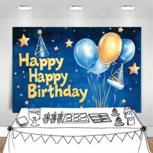 1 szt. Niebieski kapelusz urodzinowy z nadrukiem Happy Birthday Party, dekoracja tła na przyjęcie urodzinowe (wiele rozmiarów)
