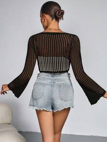 Plus Size Solid Color Short Hollow-Out Knitted Cardigan Black - Black - View 4