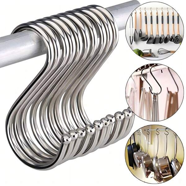 20pcs Stainless Steel S Shaped Hooks - Rust Resistant Metal Hangers Suitable For Kitchen, Workshop, Bathroom And Garden - Space-Saving Wall-Mounted Design For Utensils, Tools And Accessories, Kitchen Hooks Back To School