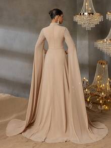 Faeriesty Abaya 优雅长袖串珠晚礼服，搭配飘逸的 A 字裙 - 柔软雪纺礼服，适合婚礼宾客和豪华宴会（及地设计）