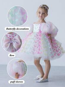 Young Girl Elegant Puff Sleeve Dress, Multi-Color Bow Tulle Princess Dress, Suitable For Girls' Birthday Party, Wedding, Bridesmaid, Holiday Occasions - Multicolor - View 3