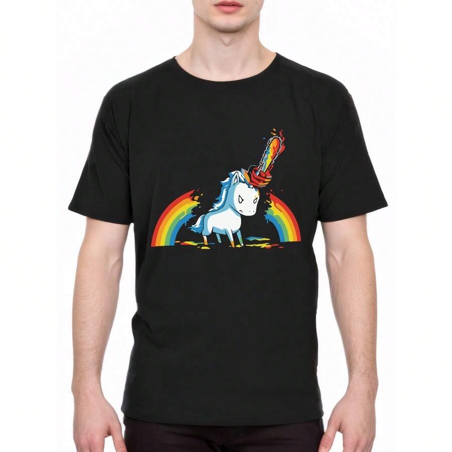 Latest Products Chainsaw Unicorn Halloween T-Shirt Vibrant Graphic Print, No Fade Soft 100% Cotton Black Shirt - Neat Stitching Unisex Style Adults - Black - View 1