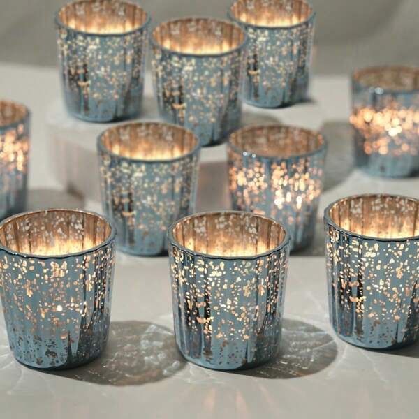 Votive Candle Holders Set Of 6/12 - Blue /Golden Mercury Glass Candle Holders For Wedding & Baby Shower Decor - Ideal Tea Lights Candle Holders - Blue Bridal Shower & Centerpieces For Tables Christmas Decoration Gifts Birthday Graduation
