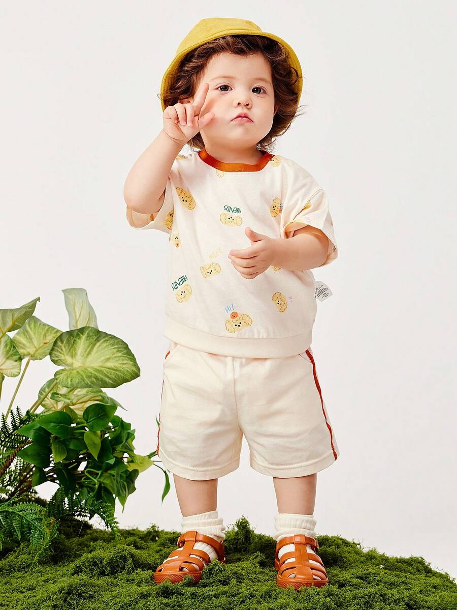 mini bala Bộ quần short và áo phông cho trẻ mới biết đi – Vải kháng khuẩn khô nhanh – Trang phục mùa hè dành cho cả nam và nữ - tông màu vàng trắng - Xem 1