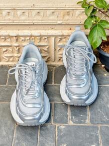 2025 Novo Tênis Chunky Prateado, Sapato Casual de Sola Grossa e Plataforma, Mesh Respirável, Estilo de Rua da Moda, 2 Cores Disponíveis