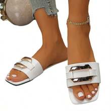 Zapatillas sandalias de playa casuales de una palabra de la hebilla del metal del dedo del pie plano del desgaste del exterior del dedo del pie cuadrado de la mujer - Blanco - Ver 4