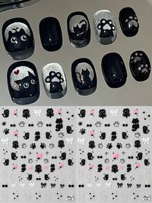 黑猫美甲贴纸，2 张，万圣节猫咪指甲贴纸，卡通动物自粘指甲贴花用品可爱卡通美甲滑块，适合女士女孩美甲装饰 - 彩色 - 查看 6