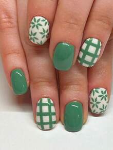 24片夏季美甲，绿色花朵和绿色格子假指甲，适合夏季佩戴，指甲饰物，按压式指甲，适合送给女生礼物，按压式指甲。美甲用品 美甲 - 彩色 - 查看 1