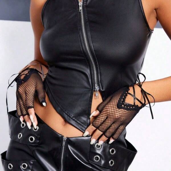 1 par de guantes sin dedos de rejilla negros para mujer / Guantes largos con cordones - Guantes elásticos de estilo punk a la moda, diseño con cordones, adecuados para fiestas, cosplay y moda alternativa, guantes de cosplay | Opción de moda audaz | Guantes de poliéster
