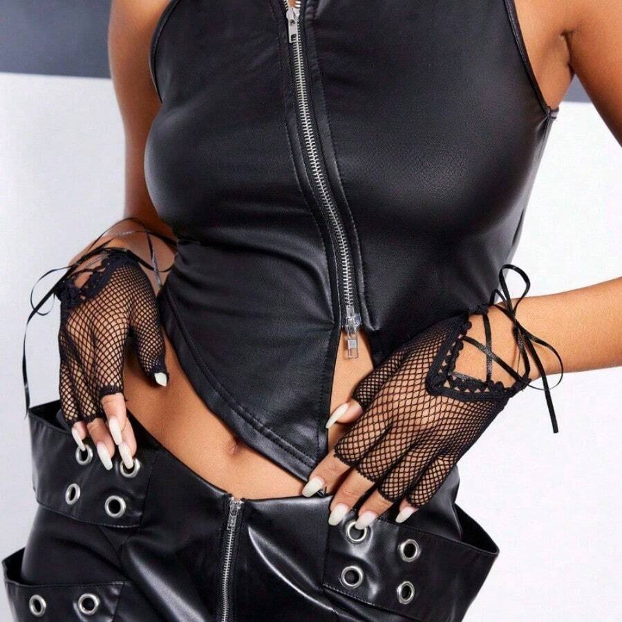 1 双女式黑色渔网露指手套/长款系带手套 - 时尚弹力朋克手套，系带设计，适合派对、角色扮演和另类时尚，角色扮演手套 | 大胆时尚之选 | 涤纶手套，手套 - 彩色 - 查看 1