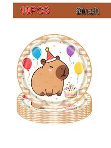 Set Piring Pesta Tema Capybara 10/50pcs - Dekorasi Peralatan Makan Pesta Capybara Kartun Lucu, Piring dan Serbet Kertas Sekali Pakai Warna Oranye, Cocok untuk Pesta Ulang Tahun, Melayani 10 Tamu - MultiWarna - View 7