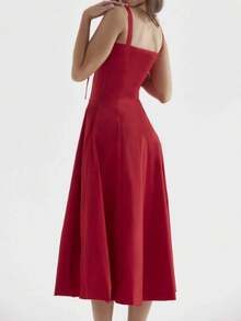 Women Floral Print Square Neck Midi Dress Adjustable Lace-Up Bust Strappy Shoulders Side Zipper Casual Dress - 紅色 - 查看 2