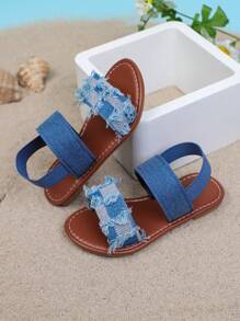 1 Pair New Style Children's Fashion Flat Sandals, Canvas Elastic Strap Design, & Versatile, Suitable For Girls Outdoor, Casual, Beach Wear