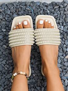 Sandalias planas con adorno de perlas para mujer - Beis - Ver 2