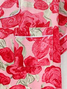 2pcs Set Comfortable Pink Rose Print Lapel Button Short Sleeve Top With Pocket And Bow Shorts Women Pajamas Loungewear Set, Suitable For Home Use, Spring/Summer