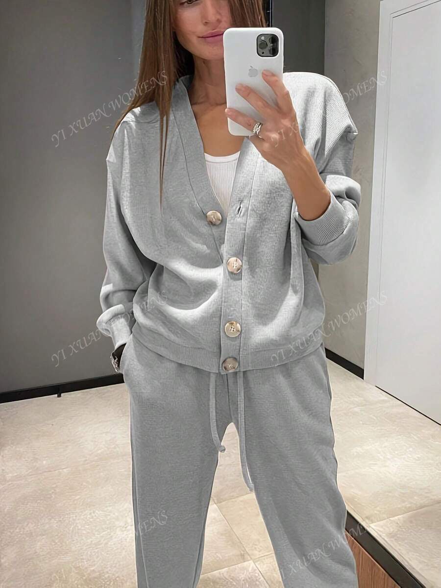 Conjunto de 2 piezas talla grande para mujer, chaqueta de punto casual deportiva con botones y pantalones con cordón