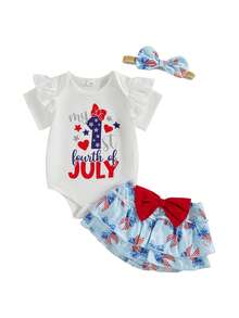 My First 4th Of July Baby Girl Outfit Short Sleeve Romper Tutu Shorts Headband Set Newborn Inpendence Day Clothes - 白色 - 查看 1