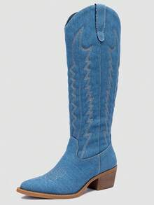 GLOBALWIN Women's Knee High Long Pointed Toe Western Cowboy Boots For Women Fall Boots Halloween Season - 23YY03 牛仔藍 - 查看 4