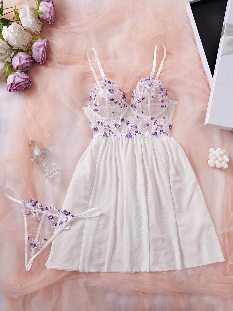 Váy ngủ gợi cảm trong suốt bằng lưới và ren trơn màu dành cho nữ - trắng - Xem 1