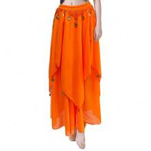 女士舞蹈裙肚皮舞长裙摆层叠裙派对节日服装带硬币开衩裙肚皮舞表演比赛服装