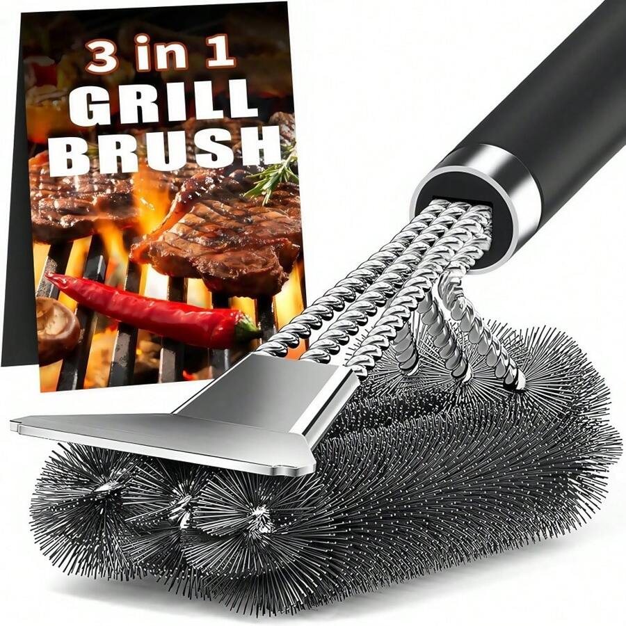 1pc BBQ Grill Cleaning Brush, Heat Resistant Steel Wire Brush, BBQ Grate Degreasing Tool With Detachable Replacement Brush Head, Barbecue Cleaning Tool, Splash-Proof Oven Cleaning Brush