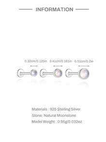 Brincos de piercing labret de pedra da lua, 1 peça, prata esterlina 925, moderno, rosqueado de 2/3/4 mm, parte traseira plana, cartilagem, tragus, hélice, joia fina para uso diário, festa de casamento, noivado, aniversário, dia dos namorados
