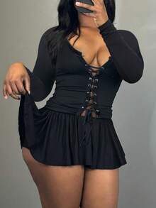 LovelyWholesale Top de manga larga anudado y minifalda con forro interior para mujer talla grande, ideal para primavera y verano