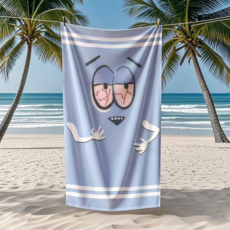 1pc Cute Cartoon Character Beach Towel - Soft, Light Blue With White Stripes, Perfect For Sunbathing And Picnics, Beach Accessories Playful Design Durable Fabrics Beach Essentials