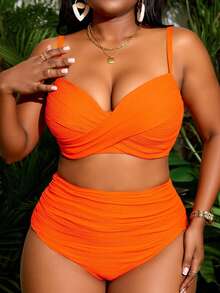 Slaydiva 2 bộ đồ bơi dây rút màu trơn cỡ lớn cho nữ, bộ bikini phong cách tối giản thời trang cho kỳ nghỉ - trái cam - Xem 4