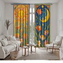 2pcs Bohemian Sun And Moon Floral Print Curtains - Olive Green Sheer Polyester With Rod Pocket, Suitable For Bedroom, Living Room, Kitchen, Study Room, 4 Seasons Romantic Home Decor - Multicolor - View 5