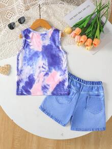 idolCat 2 Stück/Set Modische Herz-Muster Ärmellose Top und Burnout-Muster Shorts für Kleine Mädchen, geeignet für Sommer, Alltag, Urlaub, Outdoor, Party