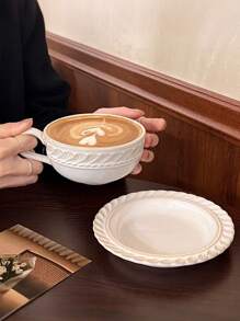 1 Set French Retro Glaze Ceramic Coffee Cup & Saucer, Luxury Latte Art Cup, Baroque Style Embossed Mugs - Enjoyable For Afternoon Tea, Perfect Gift For Mother's Day, Thanksgiving, Elders