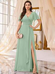 MIUSOL V-Neck Sequin Floral Lace Contrast Color Chiffon Ruffle Sleeve Side Slit Maxi Evening Party Dress - Mint Green - View 4