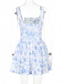 Robe évasée à col carré imprimé floral pour femmes, élégante pour les vacances/le quotidien/les festivals de musique, été