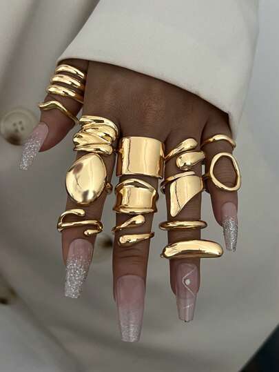 14/2/15/5 Peças Conjunto de Anéis Geométricos Assimétricos Exagerados com Textura de Moeda Vintage, Design de Onda de Círculo Oco em Camadas Múltiplas, Anéis Grossos, Elegantes, Vintage, Minimalistas, Chiques e Fofos para Feriados, Festas, Uso Diário, Presentes