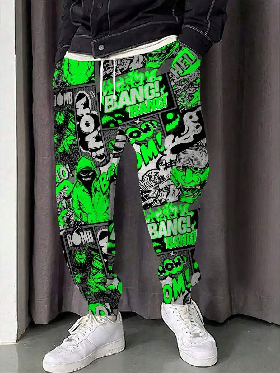 Pantalones de chándal con cordón estampado de grafiti multifuncional para hombres, pantalón largo holgado 3D, ropa deportiva de moda, para rave - Multicolor - Ver 1
