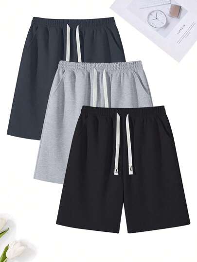 3 件男士夏季休闲运动短裤，多色可选，常规版型，时尚纯色基本款运动短裤，腰部抽绳，适合送给丈夫、男朋友的礼物，适用于高尔夫、钓鱼、篮球、露营、健身房、游泳和海滩