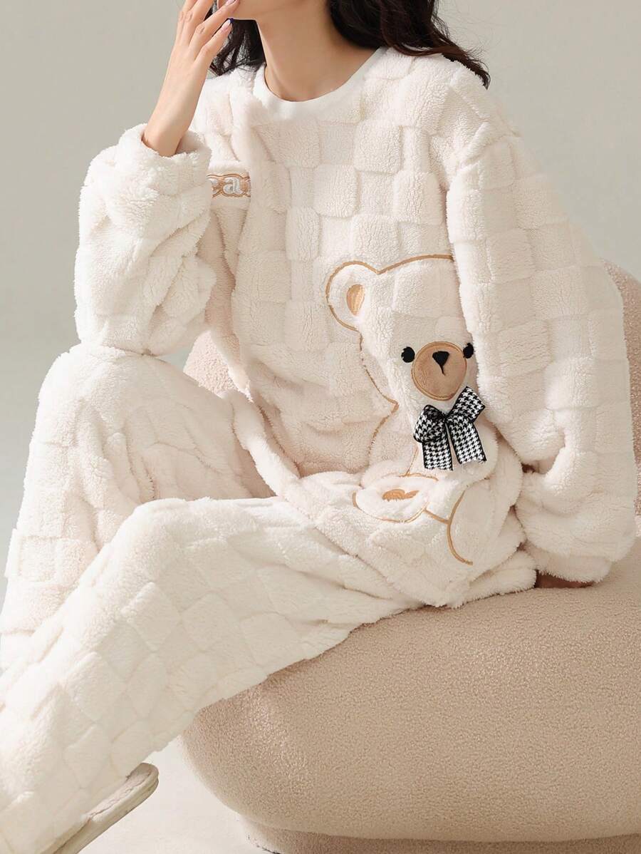 Cute Striped Wool Pajama Set - Thermal Lined Bear Pattern Warm Sleepwear Set, Soft Polyester Long Sleeve Top & Pants, Suitable For Christmas & New Year, 2-Piece Teenage Girls Home Set, Autumn/Winter