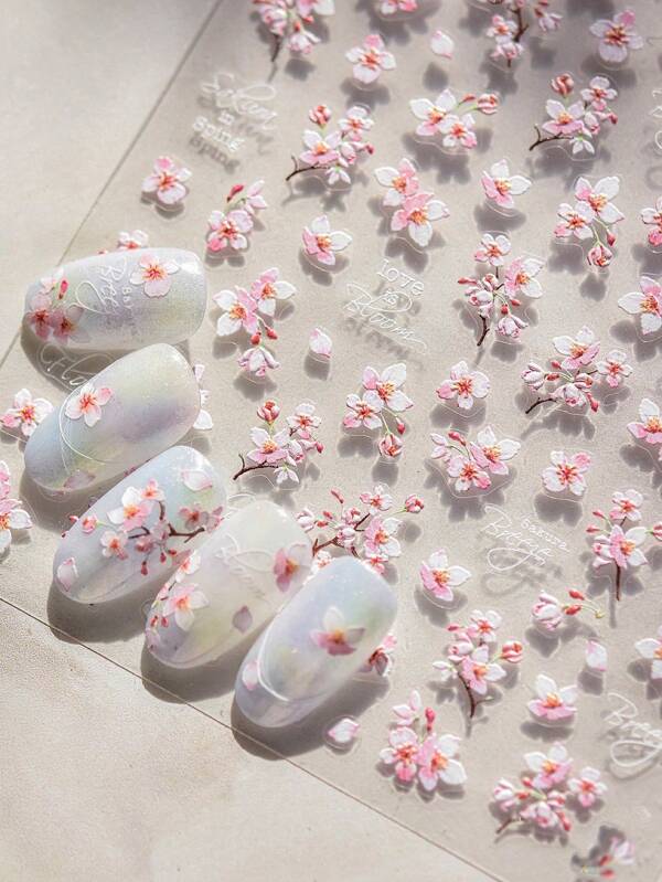 5D Embossed Blooming Cherry Blossoms Design Nail Art Stickers, Spring Nail Art Decals For Nail Art Decoration, Self Adhesive Nail Art Supplies For Women And Girls