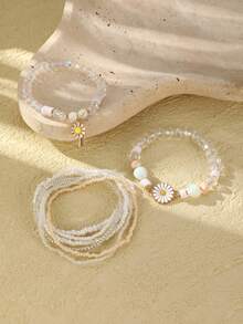 8 件玻璃种子珠、水晶珠和金属雏菊花手链套装 - 白色 - 查看 2