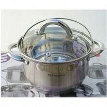 带玻璃盖的高品质不锈钢厨具套装，包括煎锅、不粘煎锅、炒锅、平底锅、炖锅和双耳汤锅。耐腐蚀，厨房必备配件。适用于电磁炉、燃气灶和电炉。 - 銀 - 查看 7