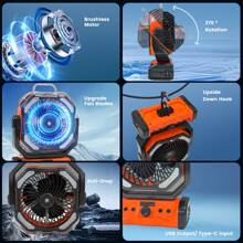 Camping Fan With LED Lantern, 20000mAh Rechargeable Battery Operated Outdoor Tent Fan With Light & Hanging Hook, 4 Speeds,  Dual Motor & LED Light For Tent, Beach, Jobsite, Emergency ﻿(Orange)