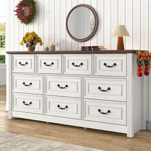 Farmhouse 10 Drawer Dresser For Bedroom, 63" Wood Chest Of Drawers With Rustic Handles, Wide Closet Dressers Organizer, Living Room, Hallway, Bedroom Furniture - White-10 Drawers - 查看 8