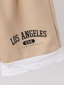 2pcs/Set Young Boy Casual Slogan Print Waffle Patchwork Short Sleeve Hoodie T-Shirt & Shorts + Chest Bag Suit, Suitable For Summer Outdoor, Casual Sports, Daily School Wear - Khaki - View 8