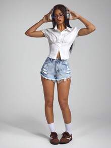 Jeanoix 女士休闲破洞磨边口袋牛仔短裤，百搭 - 淺色水洗藍 - 查看 6
