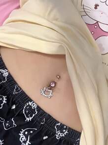 Sanrio 1pc SANRIO Hello Kitty Navel Ring - Y2K Fashion Alloy Navel Jewelry With Pink Crystal Decor - Body Piercing Accessory For Women - Ideal Birthday And Valentine's Day Gift, SANRIO