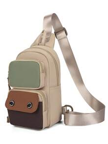 新款男士胸包，带多个口袋，撞色斜挎包，多功能休闲运动单肩包，骑行包，多层小布艺斜挎包 - 卡其色 - 查看 9
