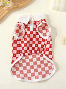 1 pieza Camiseta para perros pequeños de dos tonos con estampado de corazón a cuadros, diseño de anilla para correa, ligera y adecuada para el verano