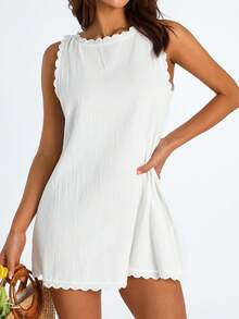 Women Casual Tank Dress Sleeveless Mock Neck Back Zipper Linen Summer Dress Scallop Halter Dress Sundress Beachwear - 白色 - 查看 2